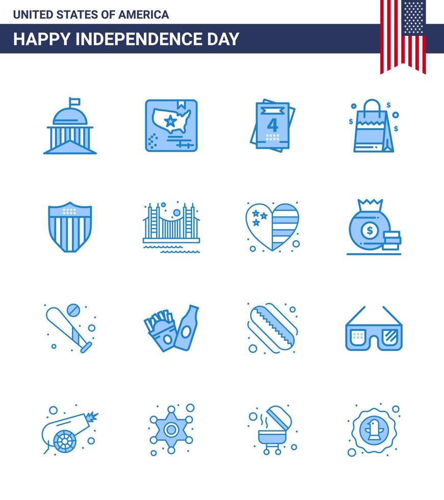 Happy Independence Day 16 Blues Icon Pack for Web and Print shield american world usa bag Editable USA Day Vector Design Elements