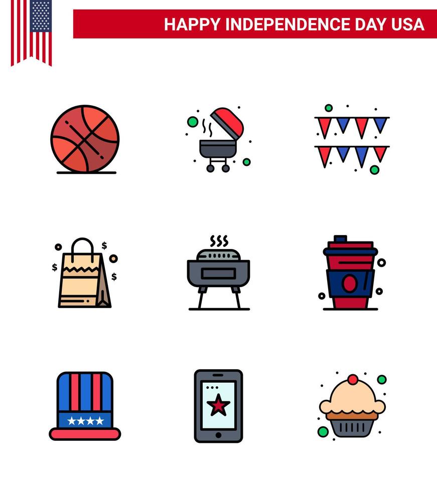 Set of 9 USA Day Icons American Symbols Independence Day Signs for holiday celebration garland barbeque usa Editable USA Day Vector Design Elements