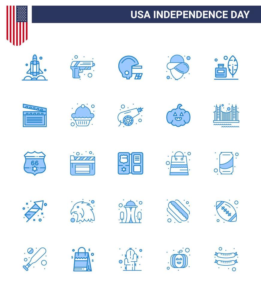 USA Happy Independence DayPictogram Set of 25 Simple Blues of ink bottle adobe weapon hat usa Editable USA Day Vector Design Elements