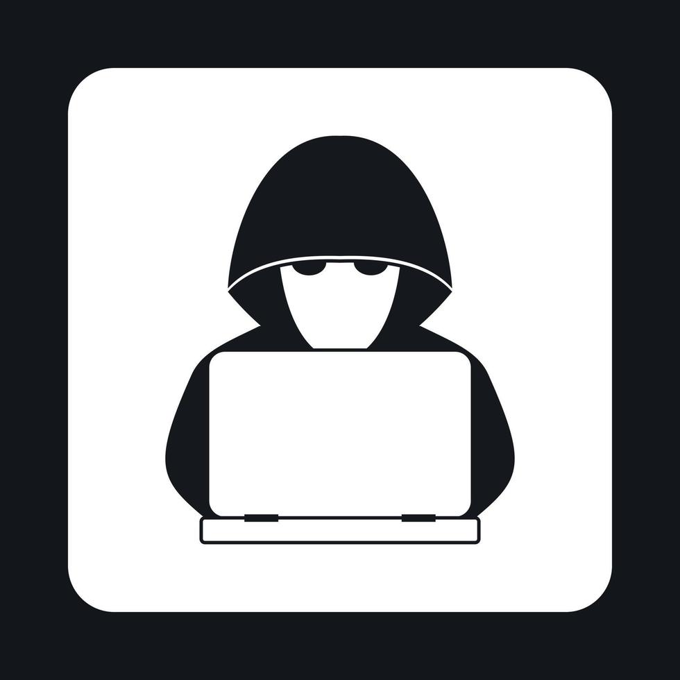 Hacker behind a computer icon, simple style vector