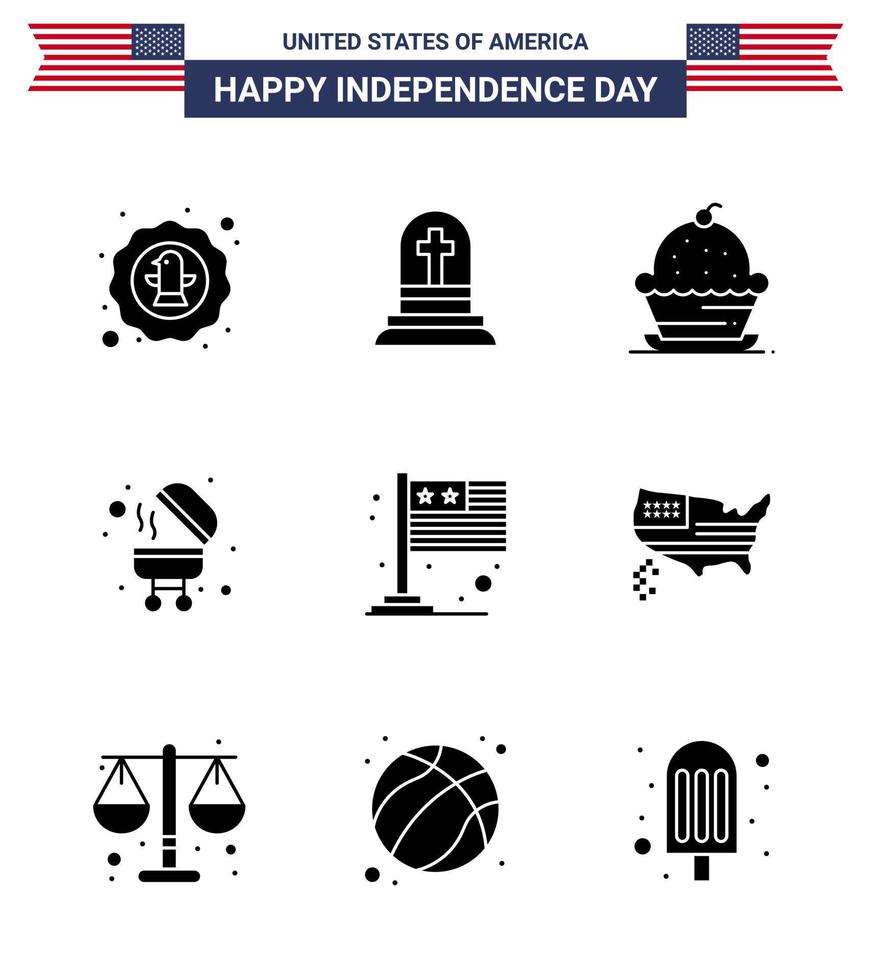 4th July USA Happy Independence Day Icon Symbols Group of 9 Modern Solid Glyphs of country bbq rip barbecue sweet Editable USA Day Vector Design Elements