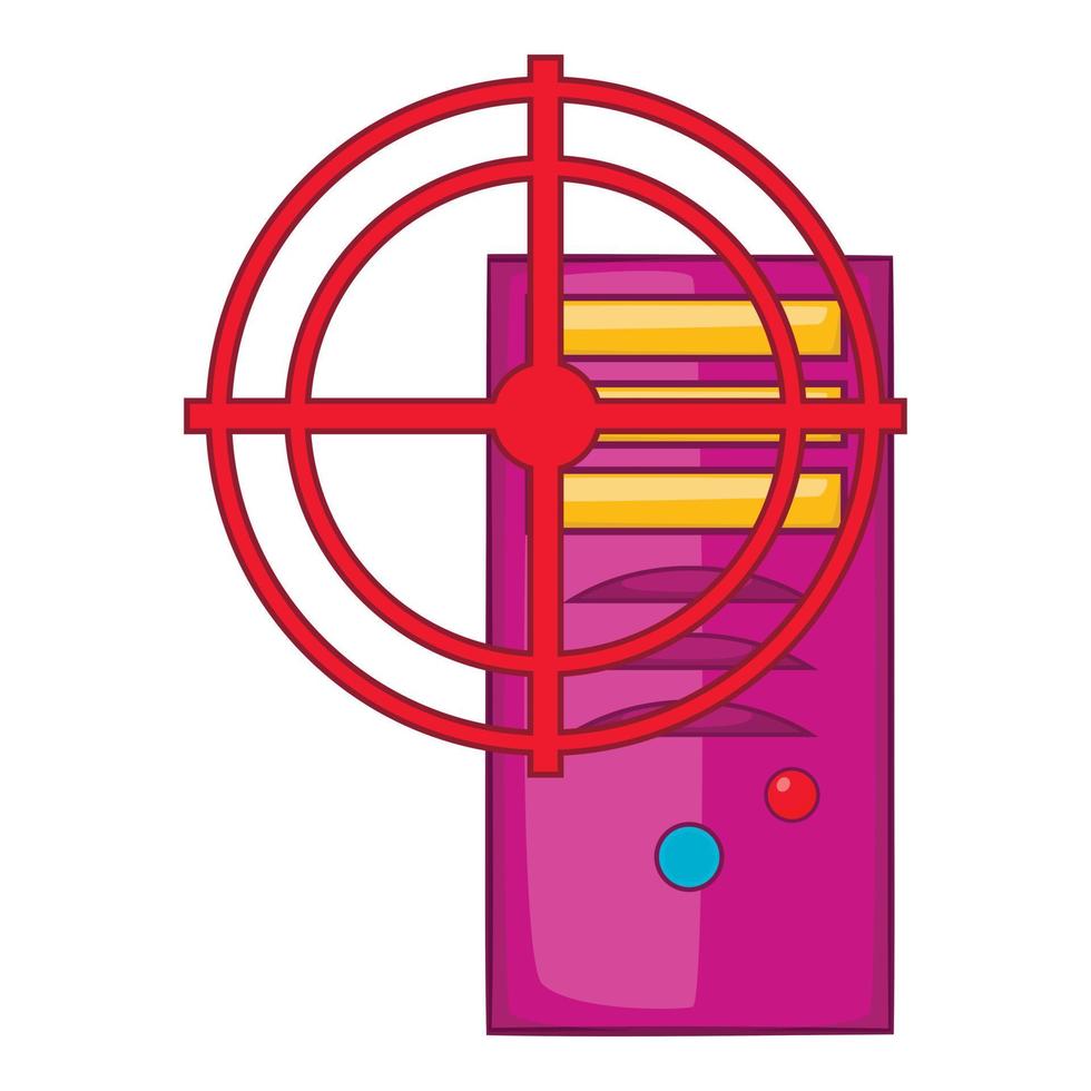 Computer system and red target icon, cartoon style vector