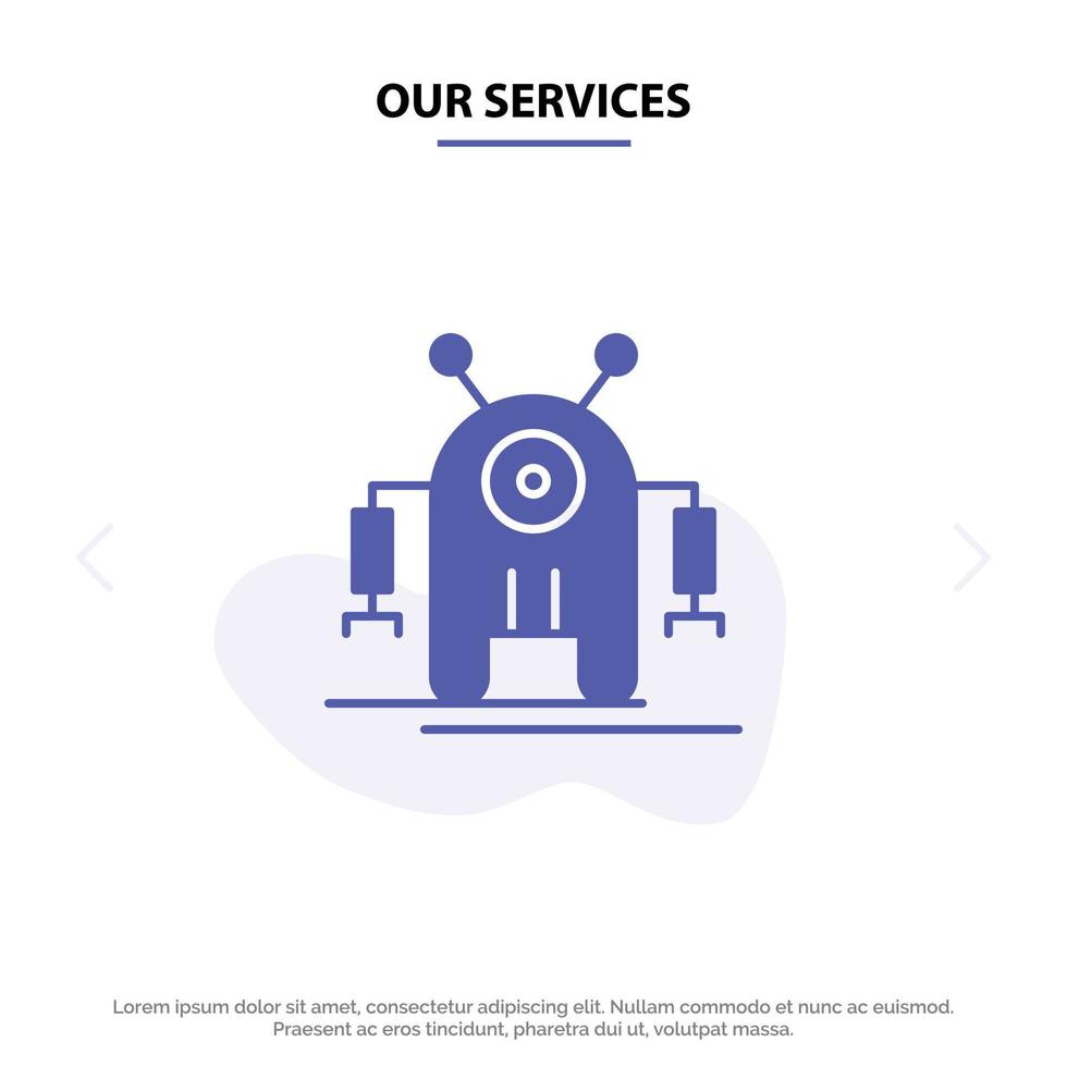 Our Services Human Robotic Robot Technology Solid Glyph Icon Web card Template vector