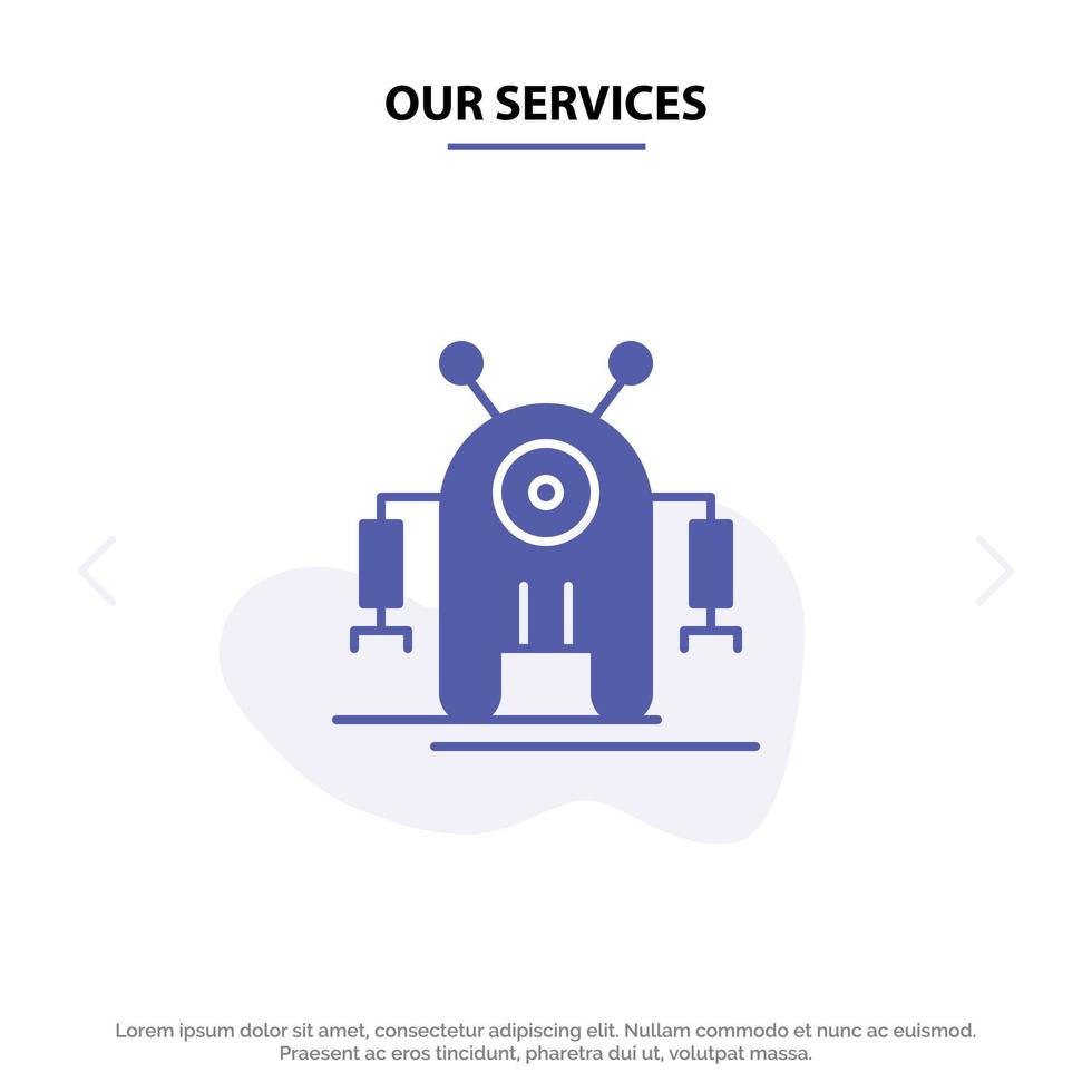 nuestros servicios tecnología de robot robótico humano icono de glifo sólido plantilla de tarjeta web vector