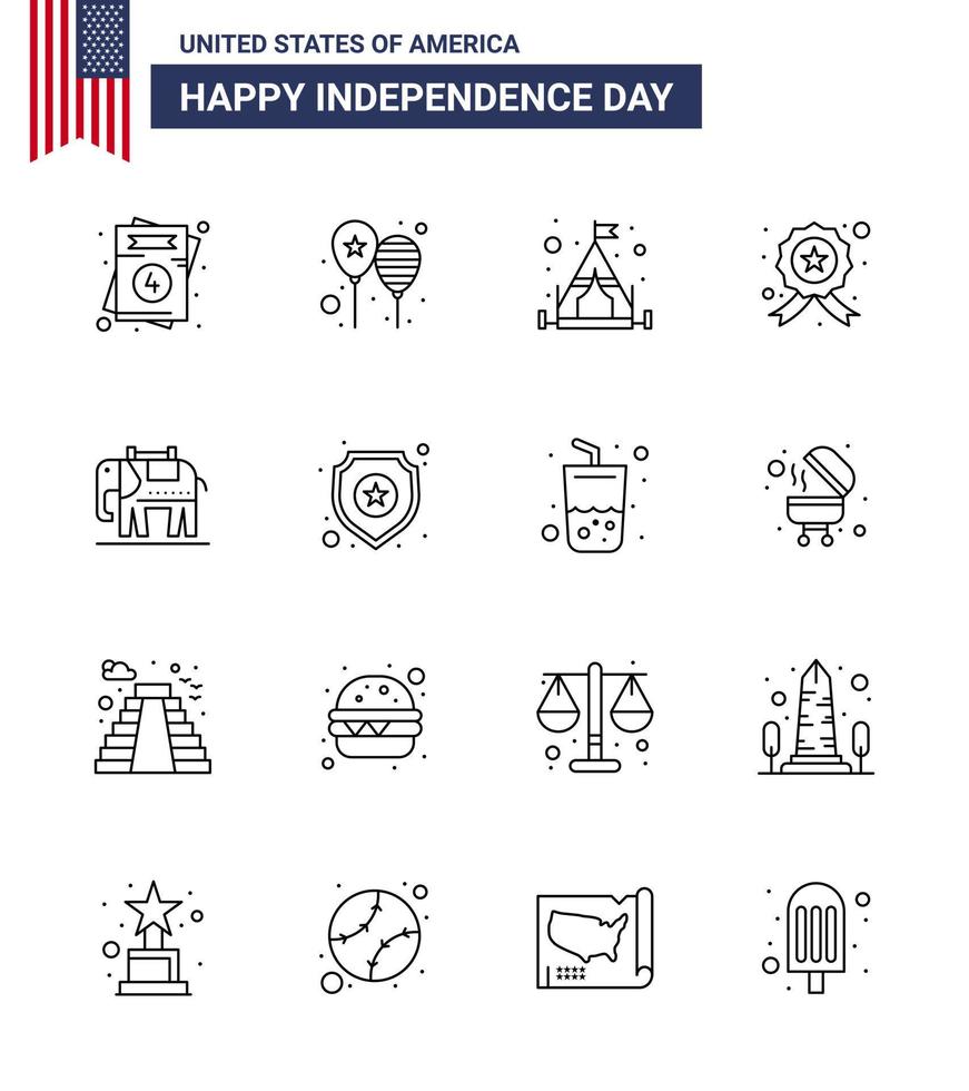 conjunto de 16 iconos del día de estados unidos símbolos americanos signos del día de la independencia para la policía estadounidense bandera de estados unidos insignia de estrella elementos de diseño vectorial editables del día de estados unidos vector