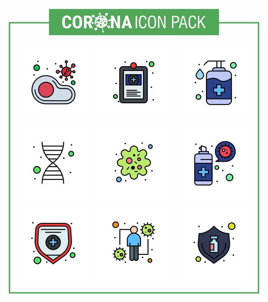 Corona virus 2019 and 2020 epidemic 9 Filled Line Flat Color icon pack such as genome dna hospital chart wash handcare viral coronavirus 2019nov disease Vector Design Elements
