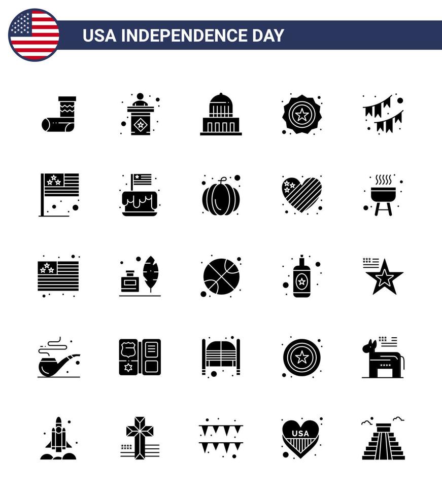 25 USA Solid Glyph Pack of Independence Day Signs and Symbols of buntings flag building badge american Editable USA Day Vector Design Elements