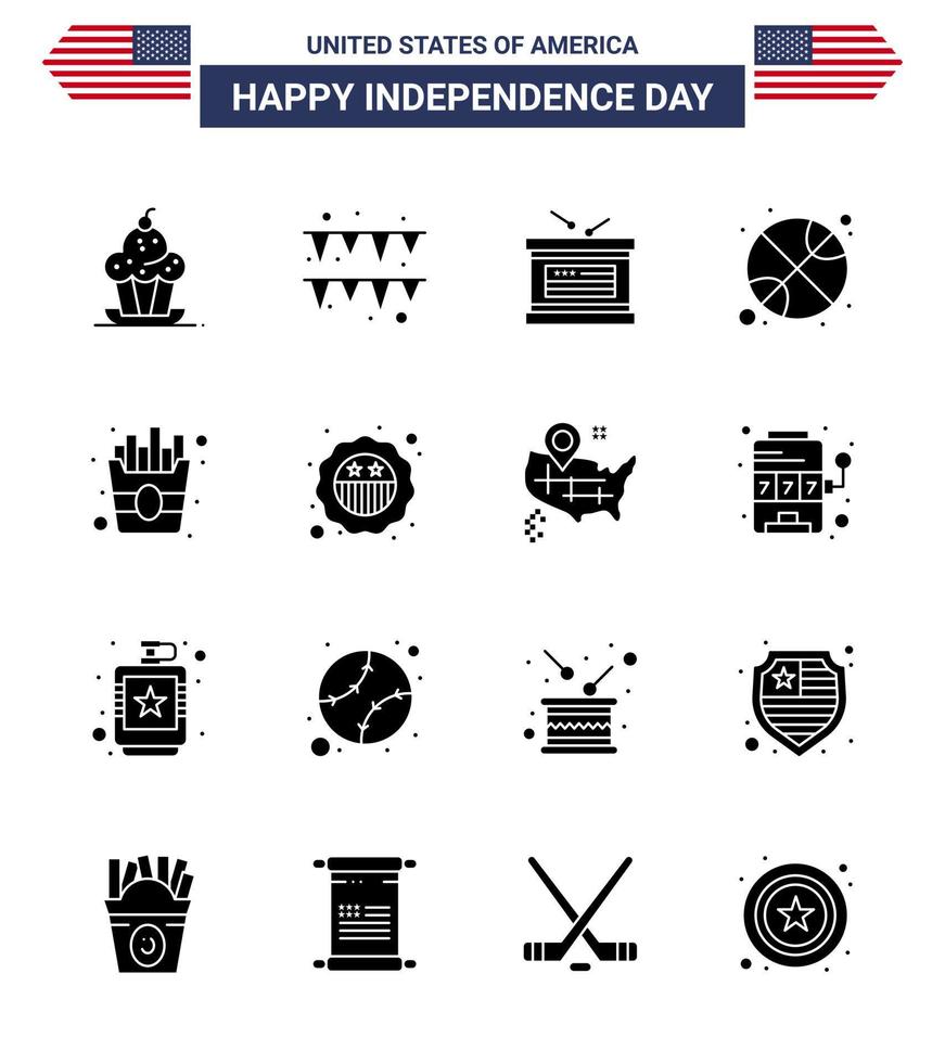 4 de julio estados unidos feliz día de la independencia icono símbolos grupo de 16 glifos sólidos modernos del día de la comida deportes de tambor baloncesto editable día de estados unidos elementos de diseño vectorial vector