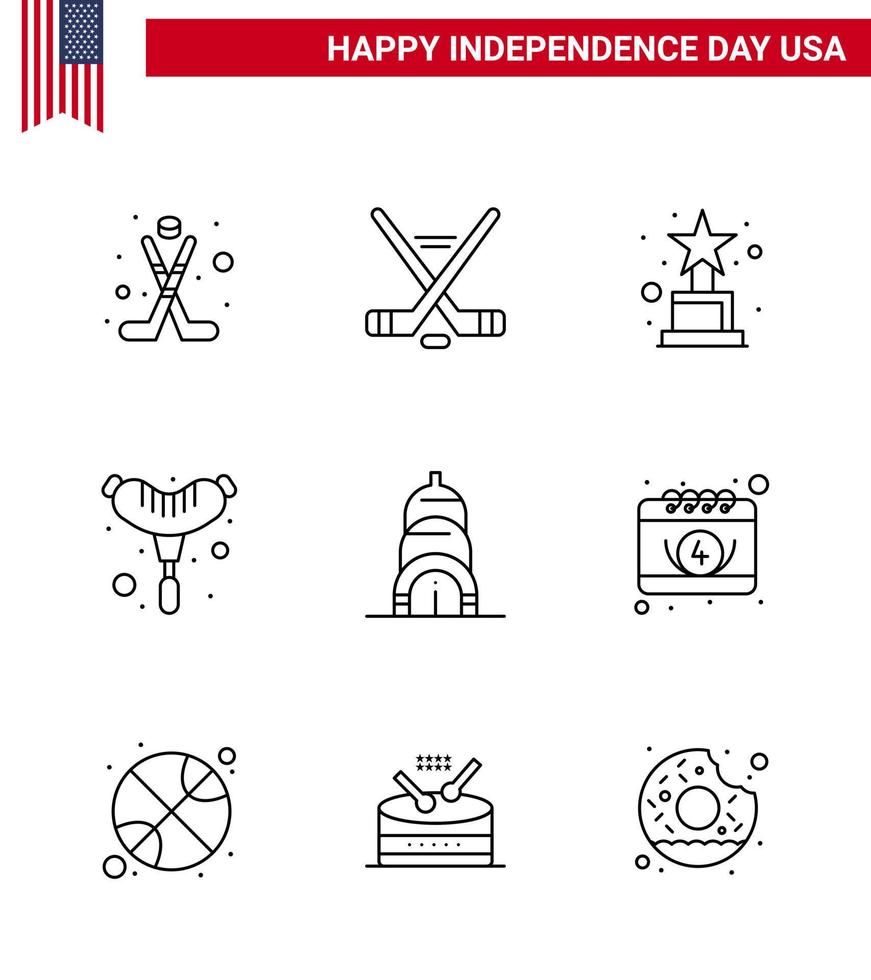 USA Happy Independence DayPictogram Set of 9 Simple Lines of american building achievement chrysler frankfurter Editable USA Day Vector Design Elements