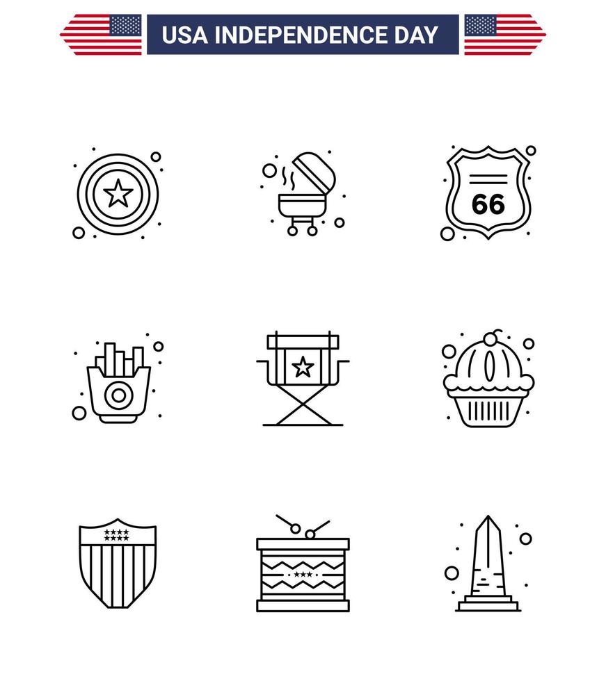 Happy Independence Day 4th July Set of 9 Lines American Pictograph of star director sign chair fries Editable USA Day Vector Design Elements