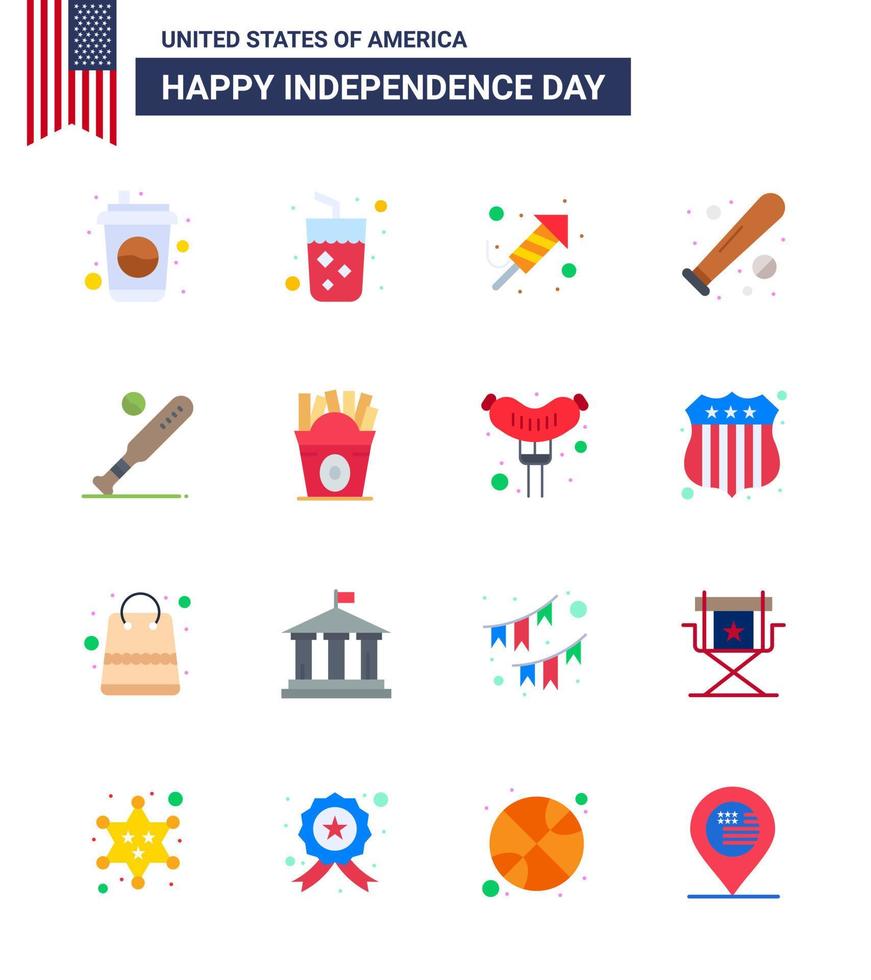 4 de julio estados unidos feliz día de la independencia icono símbolos grupo de 16 pisos modernos de frise deportes fuego trabajo murciélago bola editable día de estados unidos elementos de diseño vectorial vector