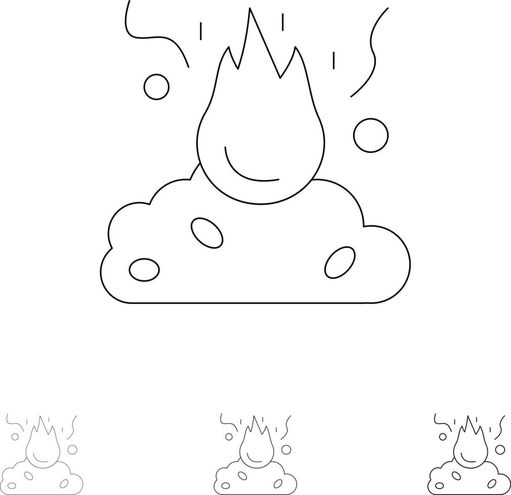 quemar fuego basura contaminación humo audaz y delgada línea negra conjunto de iconos vector