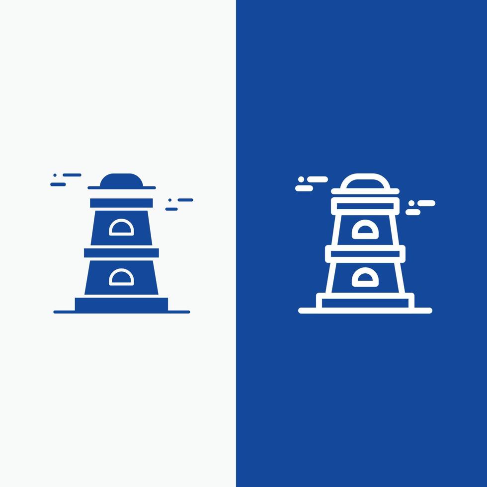 torre del observatorio línea de torre de vigilancia y glifo icono sólido bandera azul línea y glifo icono sólido bandera azul vector
