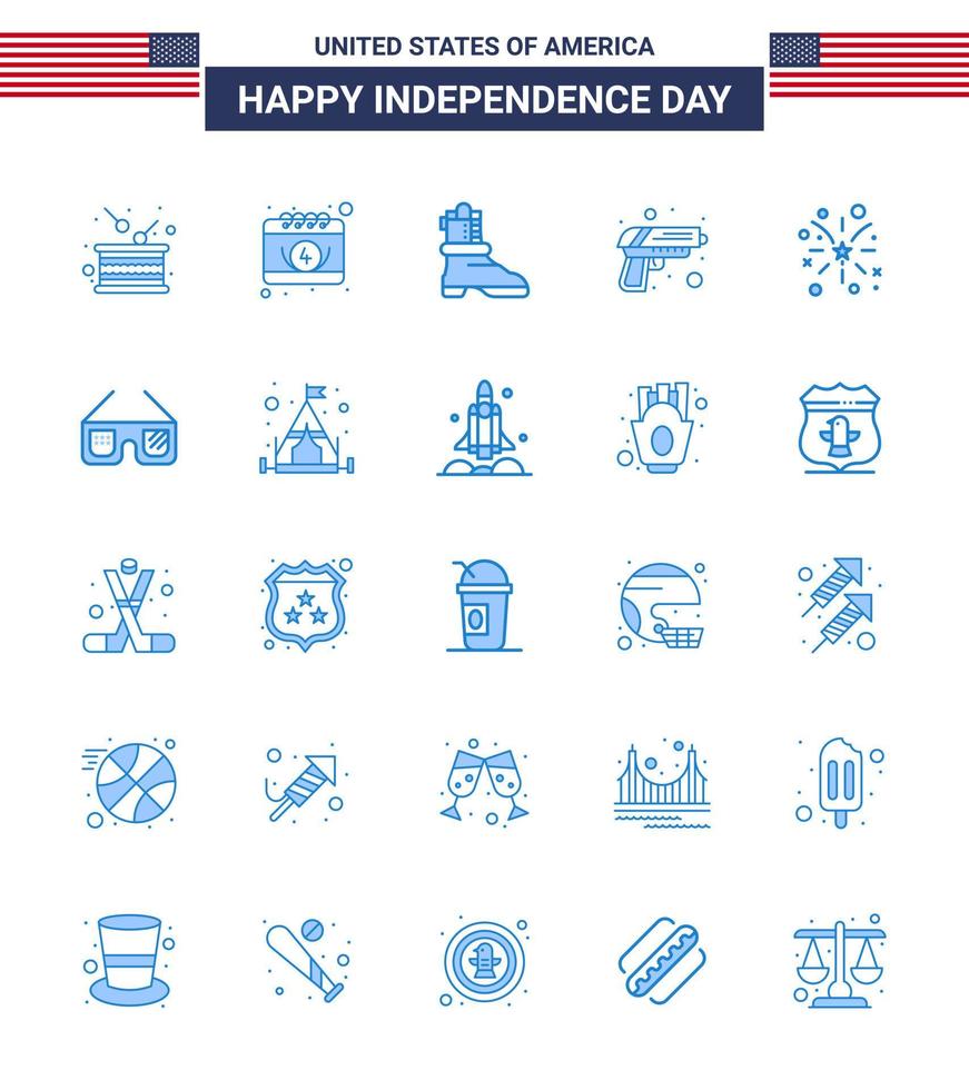 USA Happy Independence DayPictogram Set of 25 Simple Blues of fire weapon day army gun Editable USA Day Vector Design Elements