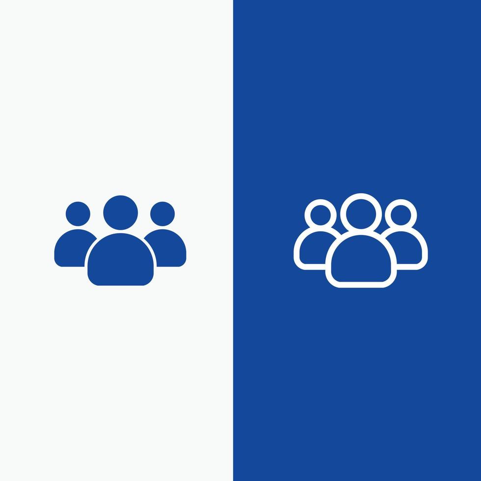 grupo de amigos usuarios línea de equipo y glifo icono sólido bandera azul línea y glifo icono sólido bandera azul vector
