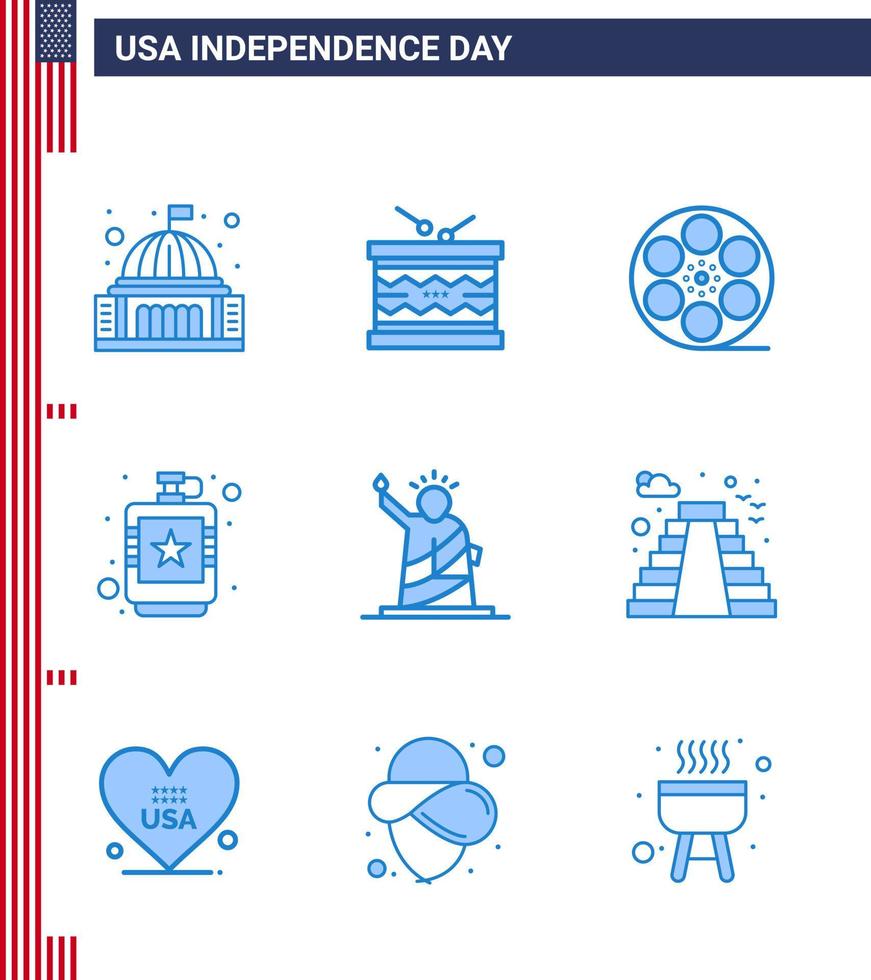 USA Independence Day Blue Set of 9 USA Pictograms of hip drink parade alcoholic video Editable USA Day Vector Design Elements