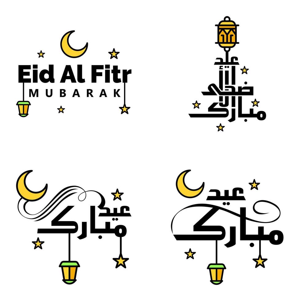 paquete moderno de 4 ilustraciones vectoriales de saludos deseos para el festival islámico eid al adha eid al fitr linterna de luna dorada con hermosas estrellas brillantes vector