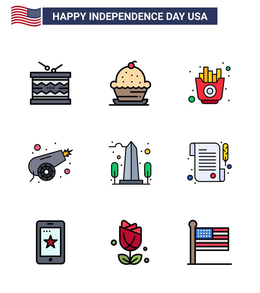 9 signos de línea plana llena de estados unidos celebración del día de la independencia símbolos de arma canon papas fritas del ejército elementos de diseño vectorial del día de estados unidos editables vector