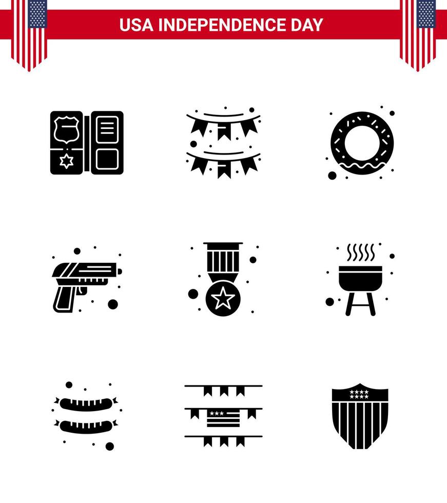 Pack of 9 USA Independence Day Celebration Solid Glyphs Signs and 4th July Symbols such as badge weapon garland army gun Editable USA Day Vector Design Elements