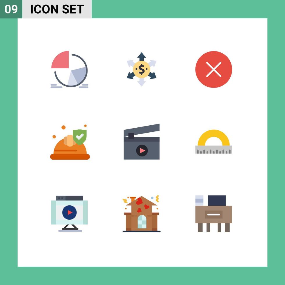 Set of 9 Commercial Flat Colors pack for film shield error security hat Editable Vector Design Elements