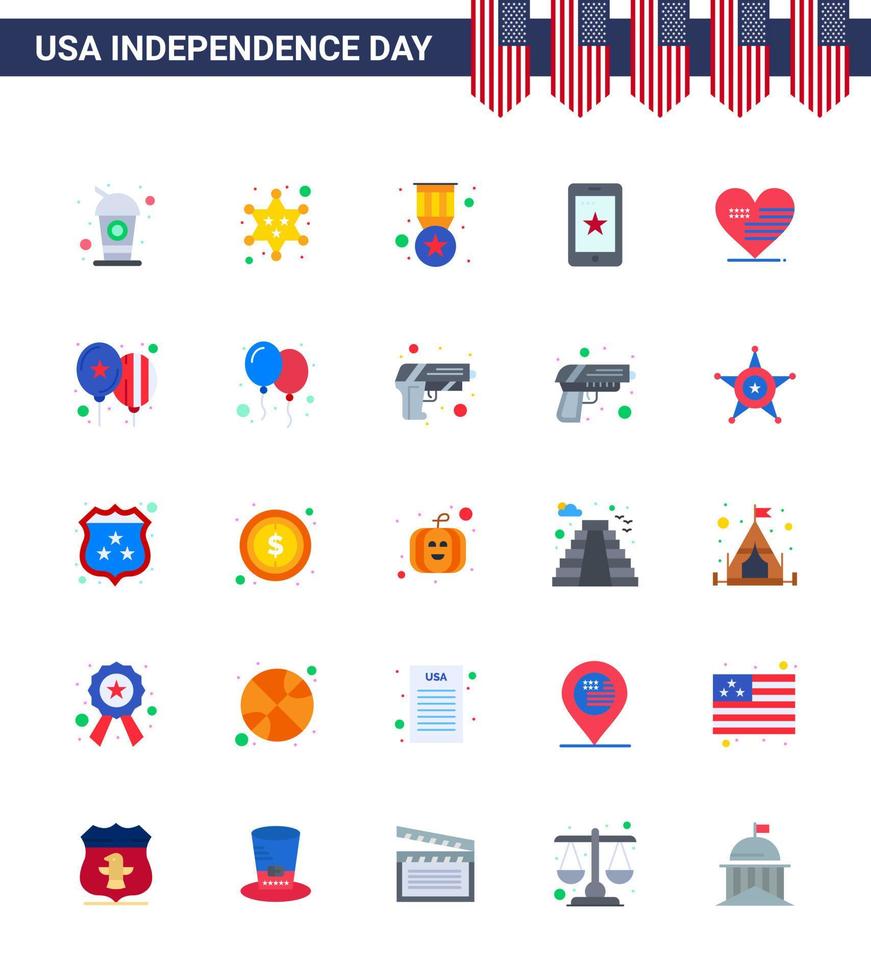 Happy Independence Day 4th July Set of 25 Flats American Pictograph of love ireland award cell mobile Editable USA Day Vector Design Elements