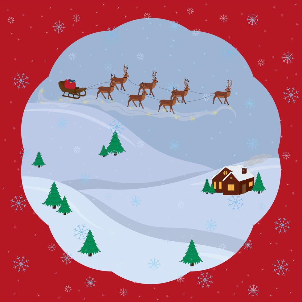 Christmas and new year greeting card with Santa's carriage, deers and little house among snow hills vector illustration