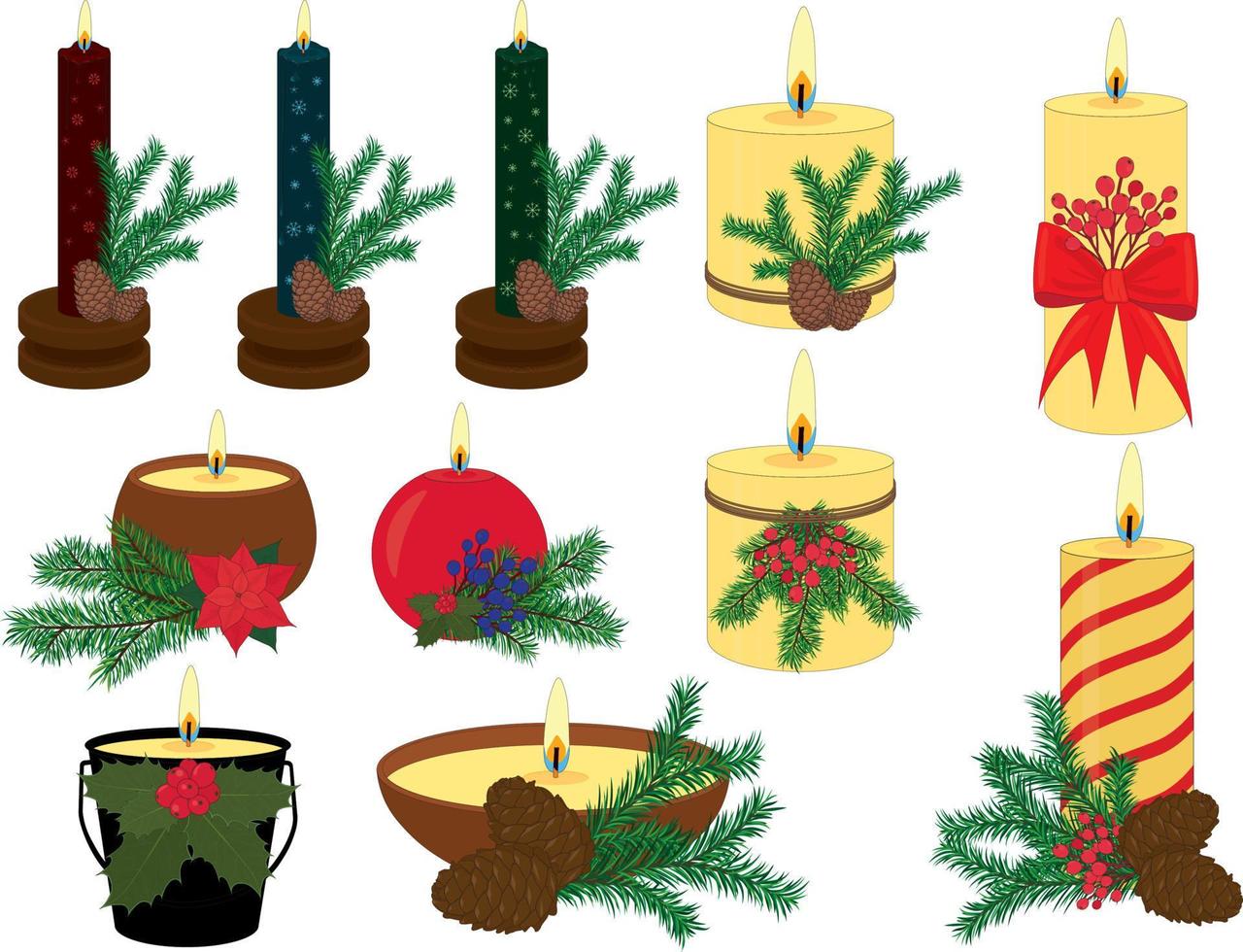 Christmas and new year fir needle scented decorated candles different forms collection vector illustration