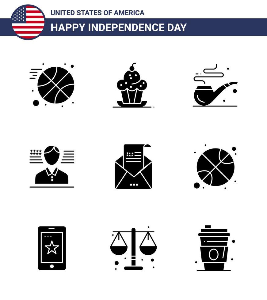 Solid Glyph Pack of 9 USA Independence Day Symbols of invitation envelope pipe email american Editable USA Day Vector Design Elements