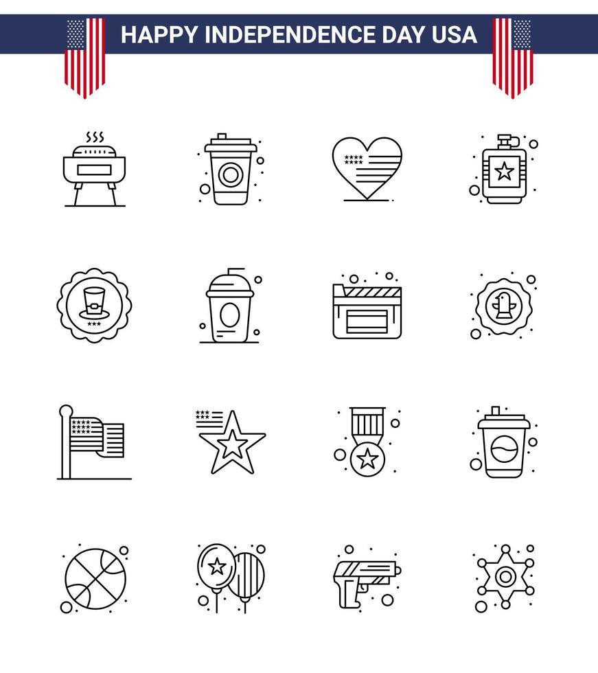 Happy Independence Day 4th July Set of 16 Lines American Pictograph of drink liquid love hip drink Editable USA Day Vector Design Elements