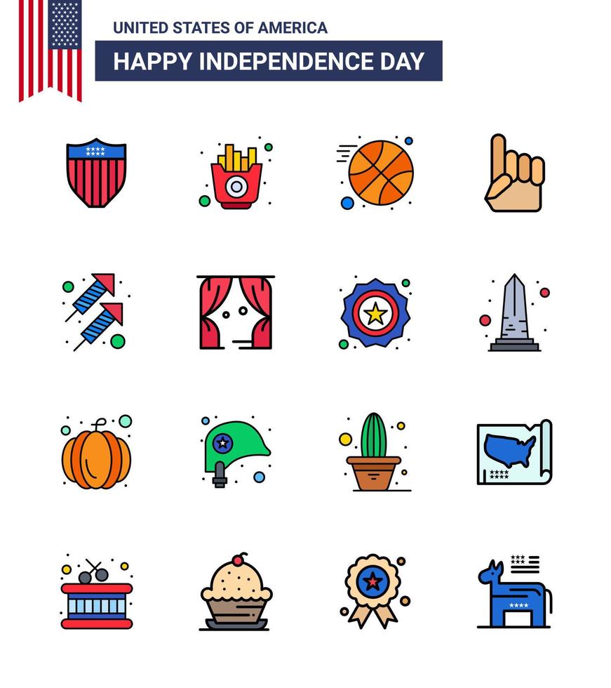 conjunto de línea plana llena del día de la independencia de estados unidos de 16 pictogramas de estados unidos de celebración de fuegos artificiales baloncesto elementos de diseño de vector de día de estados unidos editables a mano americana