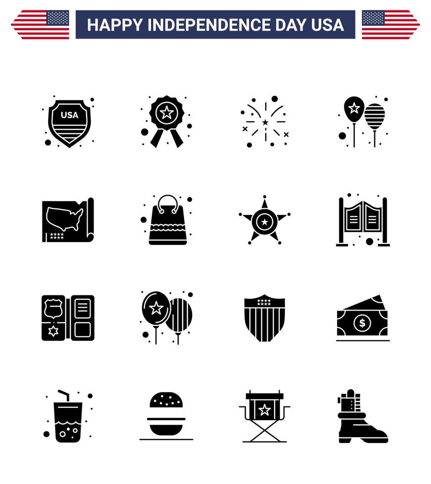Pack of 16 creative USA Independence Day related Solid Glyphs of map party firework day balloons Editable USA Day Vector Design Elements
