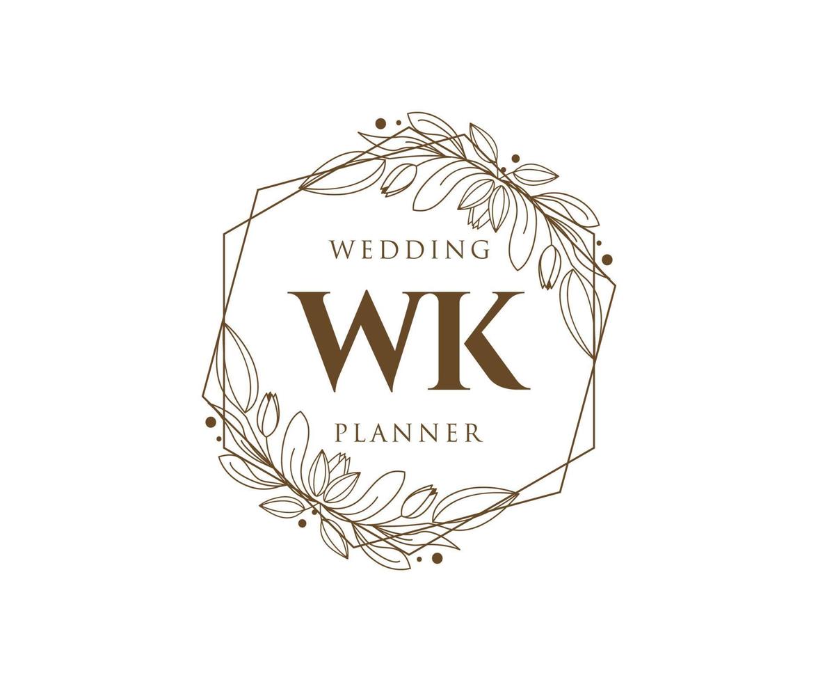 colección de logotipos de monograma de boda con letras iniciales wk, plantillas florales y minimalistas modernas dibujadas a mano para tarjetas de invitación, guardar la fecha, identidad elegante para restaurante, boutique, café en vector