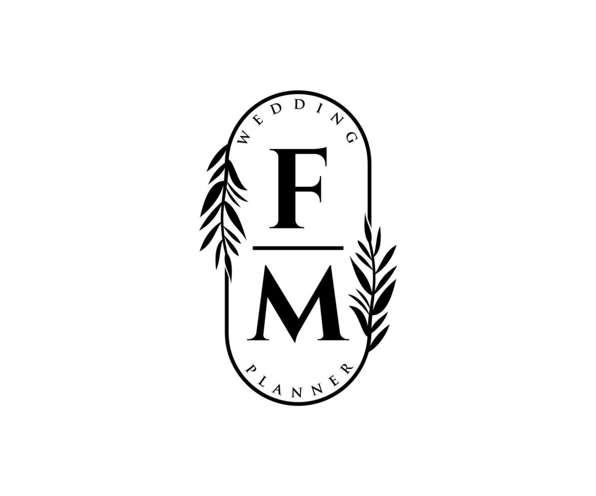 colección de logotipos de monograma de boda con letras iniciales fm, plantillas florales y minimalistas modernas dibujadas a mano para tarjetas de invitación, guardar la fecha, identidad elegante para restaurante, boutique, café en vector