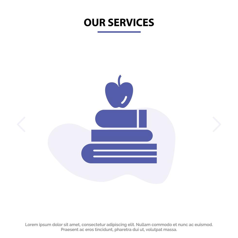 nuestros servicios apple libros educación ciencia icono de glifo sólido plantilla de tarjeta web vector