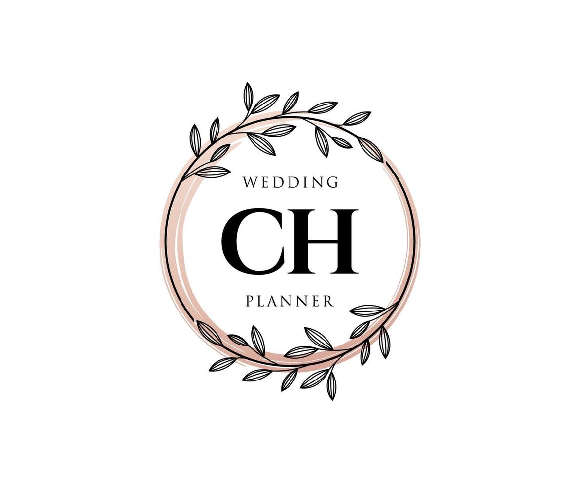 Colección de logotipos de monograma de boda con letras iniciales ch, plantillas florales y minimalistas modernas dibujadas a mano para tarjetas de invitación, guardar la fecha, identidad elegante para restaurante, boutique, café en vector