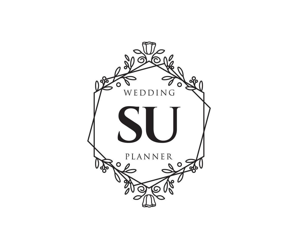 SU Initials letter Wedding monogram logos collection, hand drawn modern minimalistic and floral templates for Invitation cards, Save the Date, elegant identity for restaurant, boutique, cafe in vector