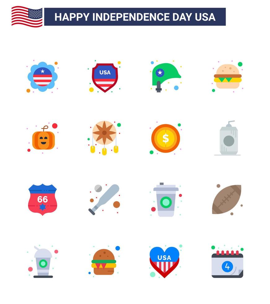 Flat Pack of 16 USA Independence Day Symbols of usa festival american head meal burger Editable USA Day Vector Design Elements