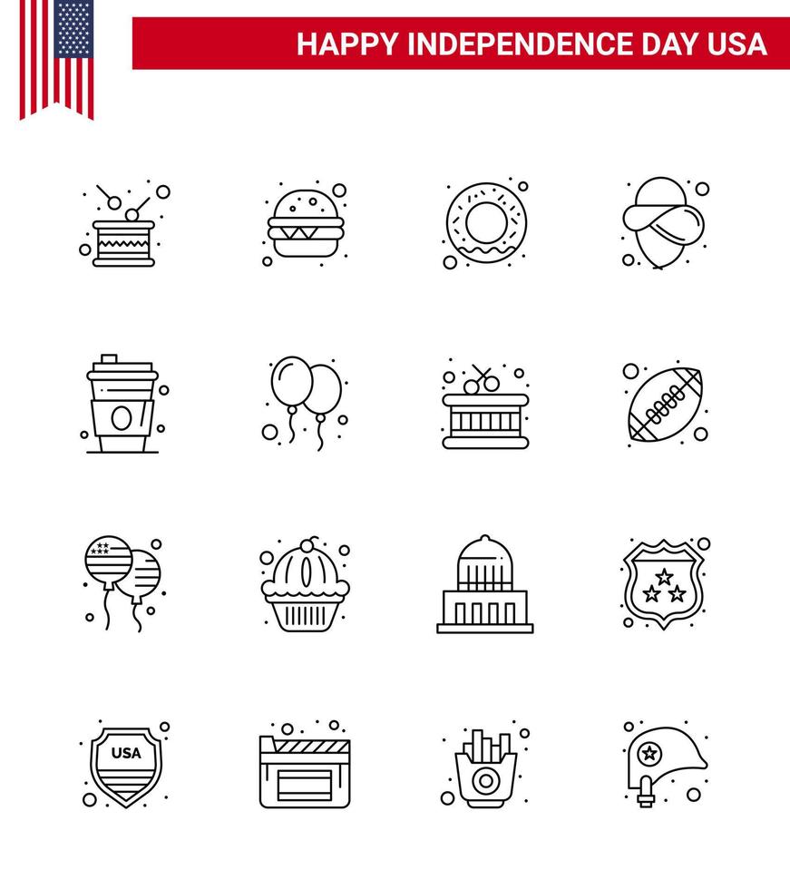 Set of 16 Vector Lines on 4th July USA Independence Day such as usa drink donut alcohol cowboy Editable USA Day Vector Design Elements