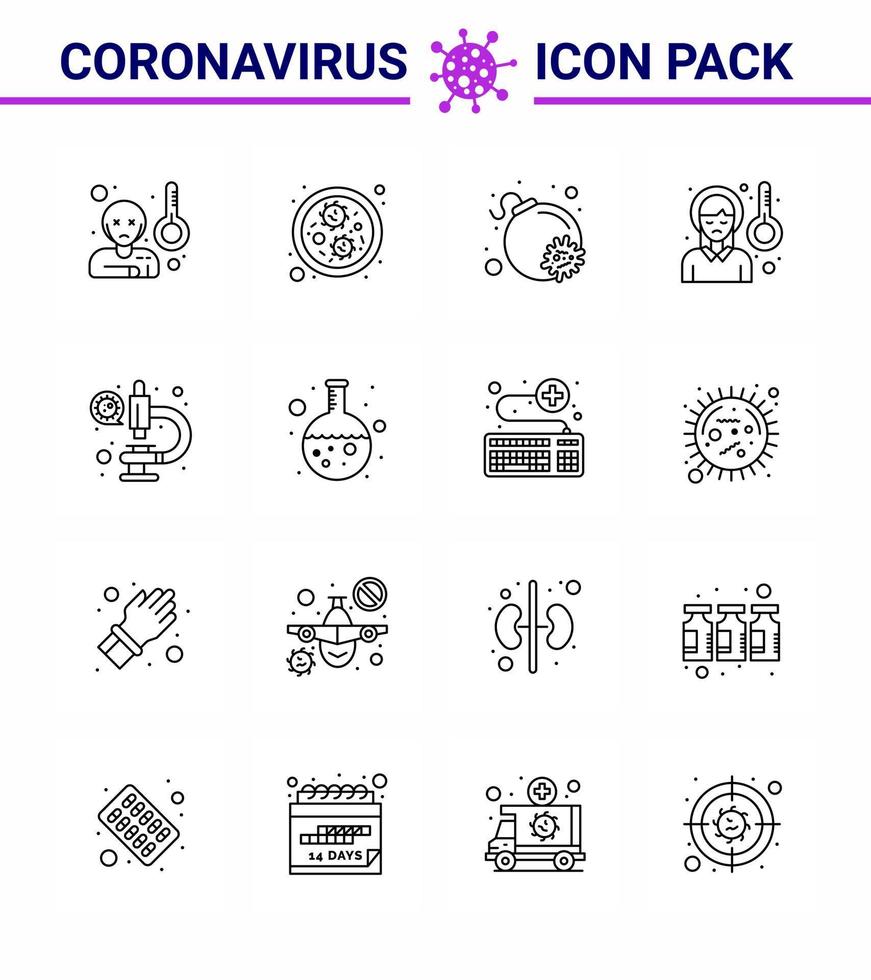 CORONAVIRUS 16 Line Icon set on the theme of Corona epidemic contains icons such as microscope coronavirus bomb sickness fever pain viral coronavirus 2019nov disease Vector Design Elements