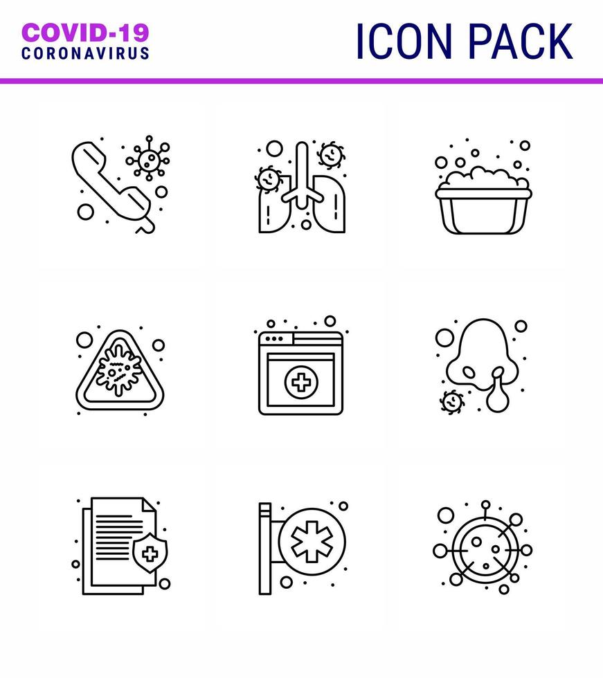 Covid19 icon set for infographic 9 Line pack such as epidemic corona organ alert soap basin viral coronavirus 2019nov disease Vector Design Elements