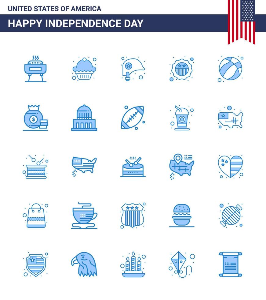 Set of 25 Vector Blues on 4th July USA Independence Day such as football american helmet flag security Editable USA Day Vector Design Elements