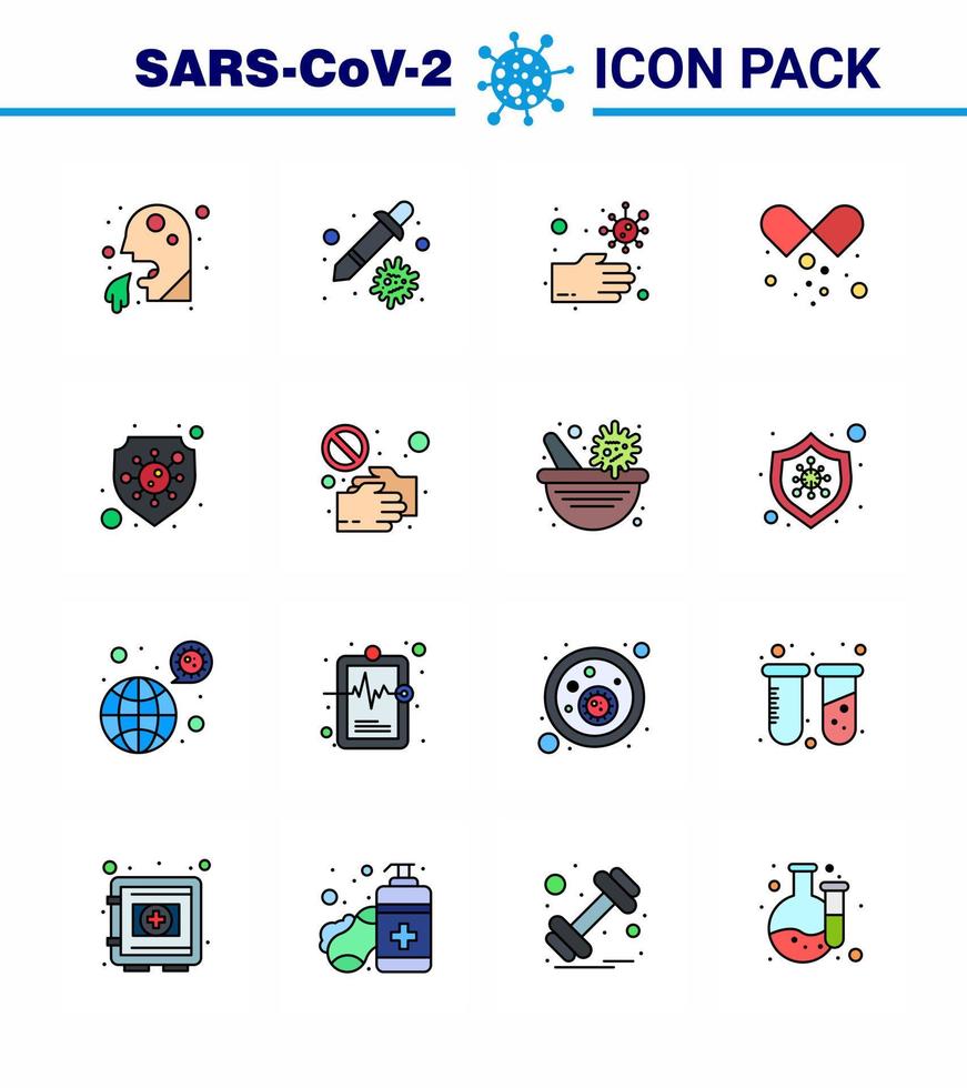 Coronavirus Precaution Tips icon for healthcare guidelines presentation 16 Flat Color Filled Line icon pack such as protection medicines virus medical pills unhealthy viral coronavirus 2019nov di vector