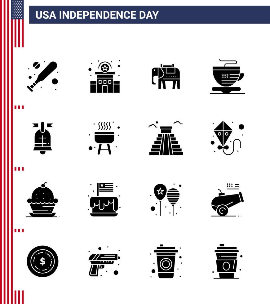 16 signos de glifos sólidos para el día de la independencia de EE. UU. barbacoa americano anillo americano café editable día de EE. UU. elementos de diseño vectorial vector