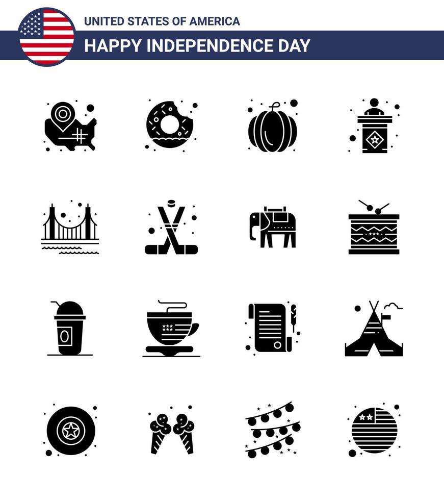 USA Independence Day Solid Glyph Set of 16 USA Pictograms of gate sign food stage usa Editable USA Day Vector Design Elements