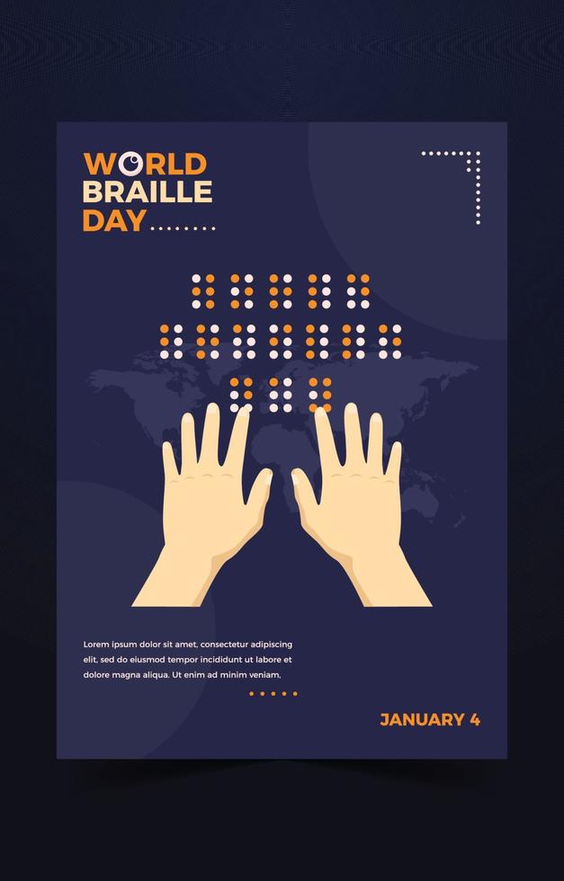 cartel del día mundial del braille con dos manos leyendo alfabetos en braille vector