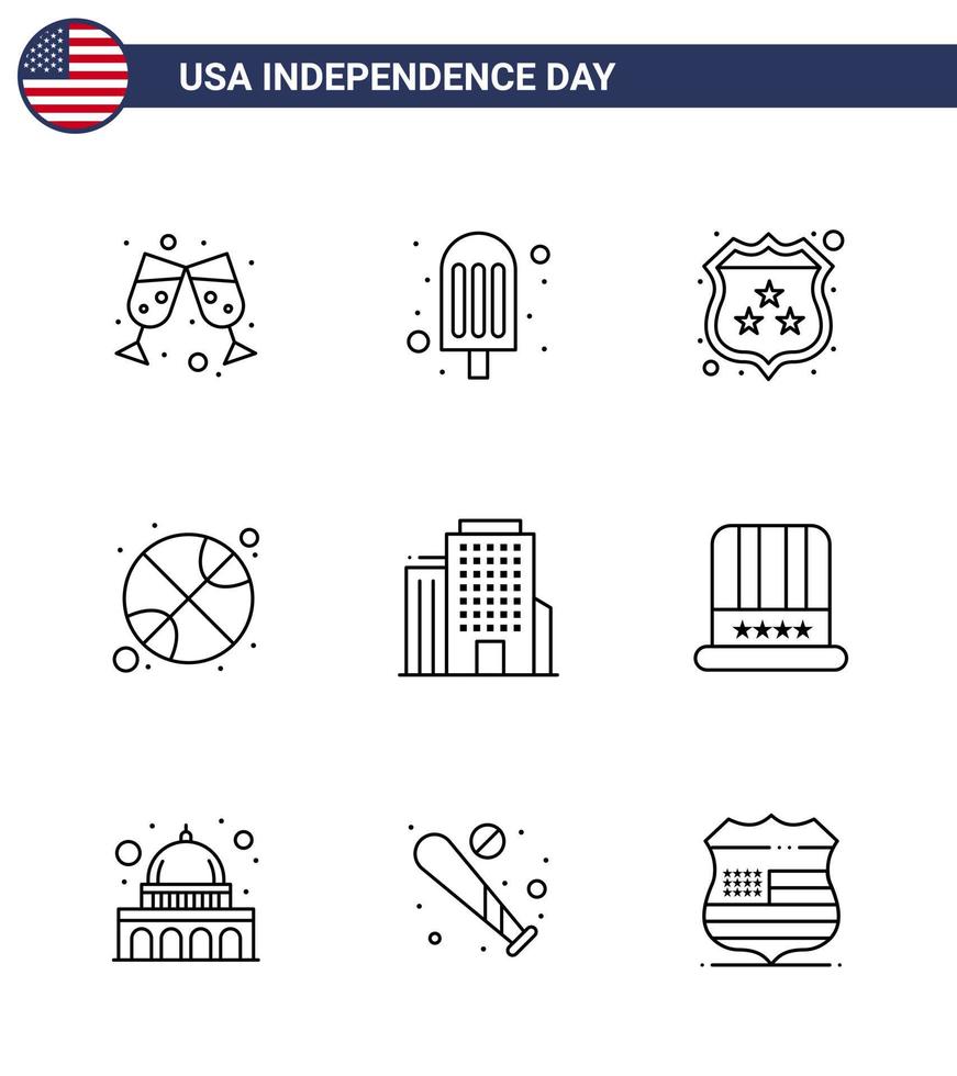 Pack of 9 creative USA Independence Day related Lines of hat office shield building sports Editable USA Day Vector Design Elements