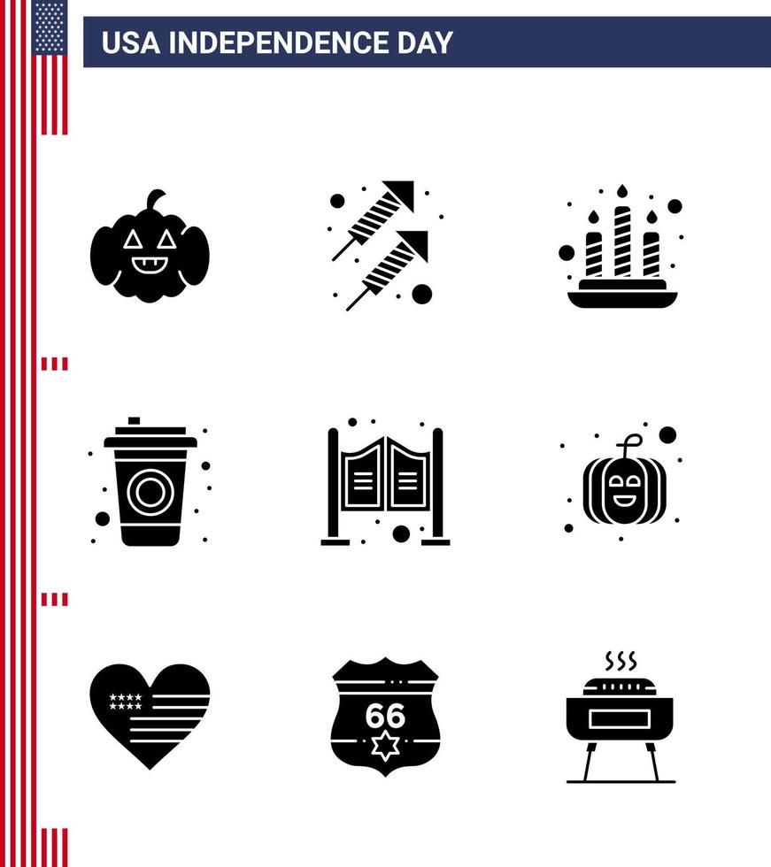 USA Independence Day Solid Glyph Set of 9 USA Pictograms of american saloon fire household drink Editable USA Day Vector Design Elements