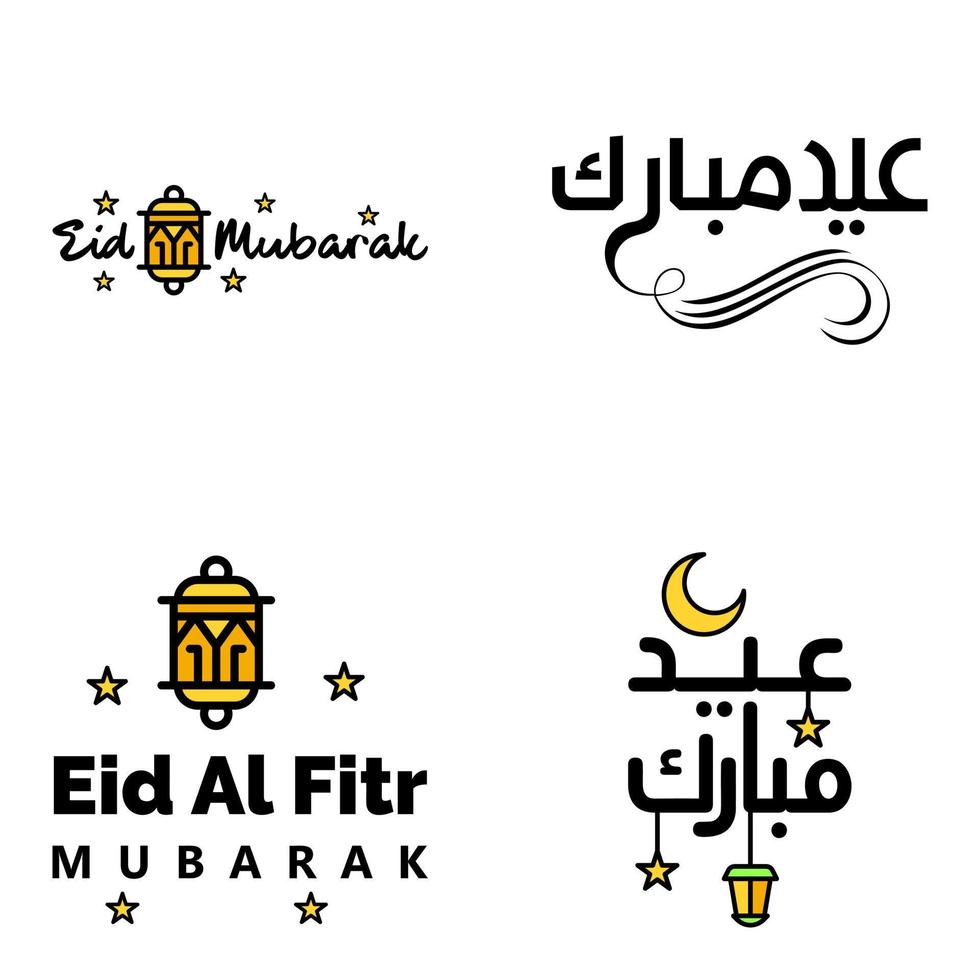 Pack of 4 Vector of Arabic Calligraphy Text with Moon And Stars of Eid Mubarak for the Celebration of Muslim Community Festival