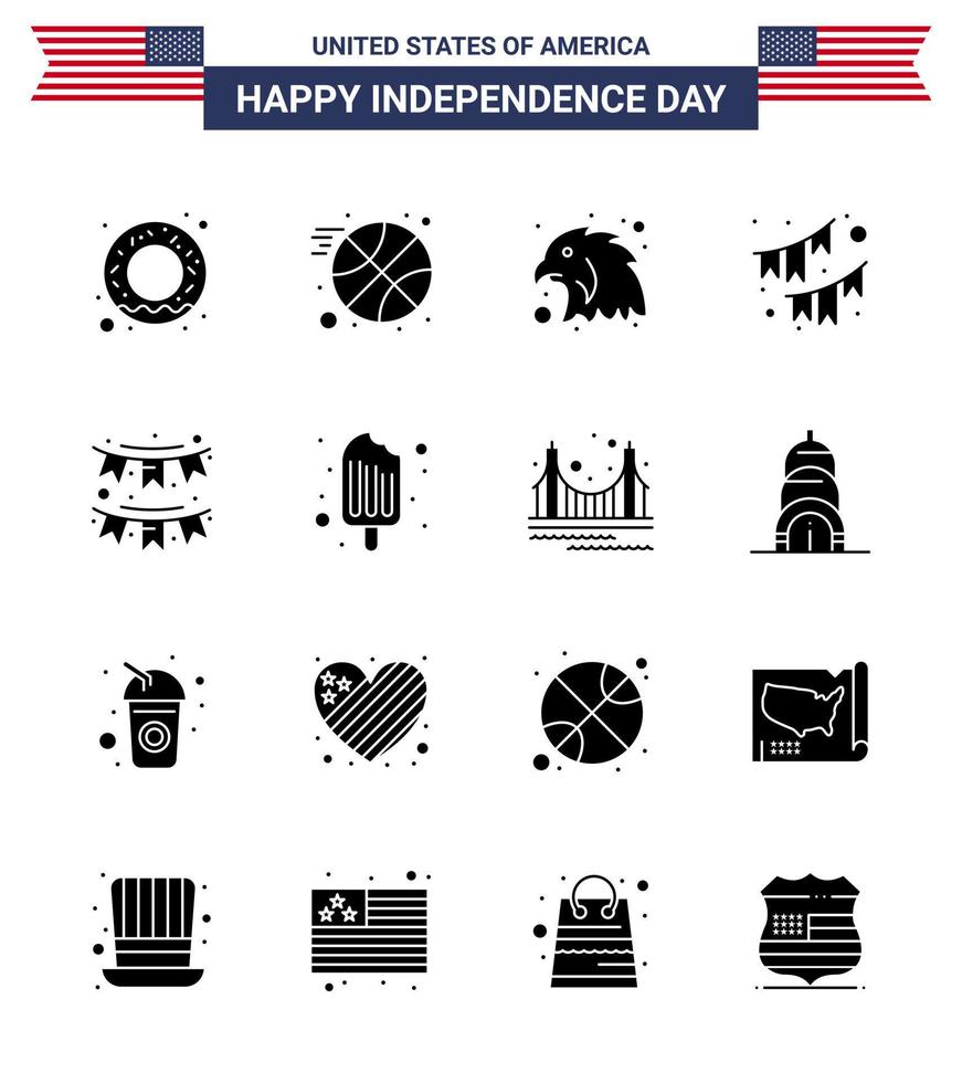 Modern Set of 16 Solid Glyphs and symbols on USA Independence Day such as ice cream cream eagle cold party Editable USA Day Vector Design Elements