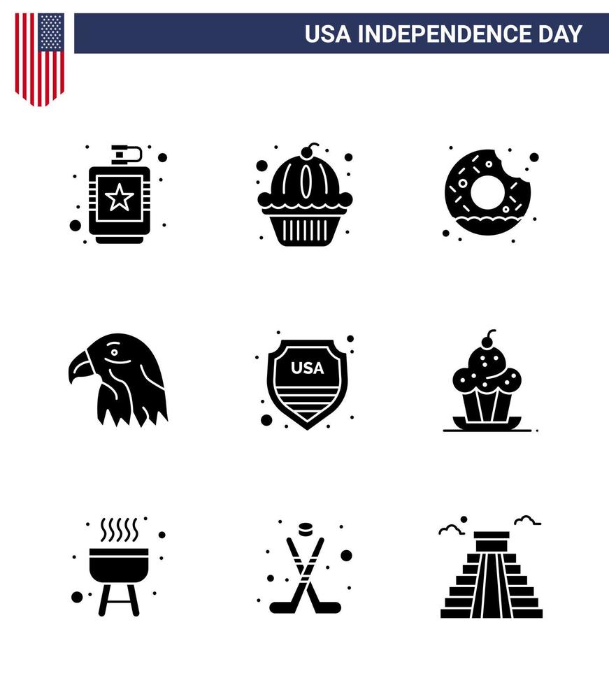 Modern Set of 9 Solid Glyphs and symbols on USA Independence Day such as security eagle cake bird food Editable USA Day Vector Design Elements